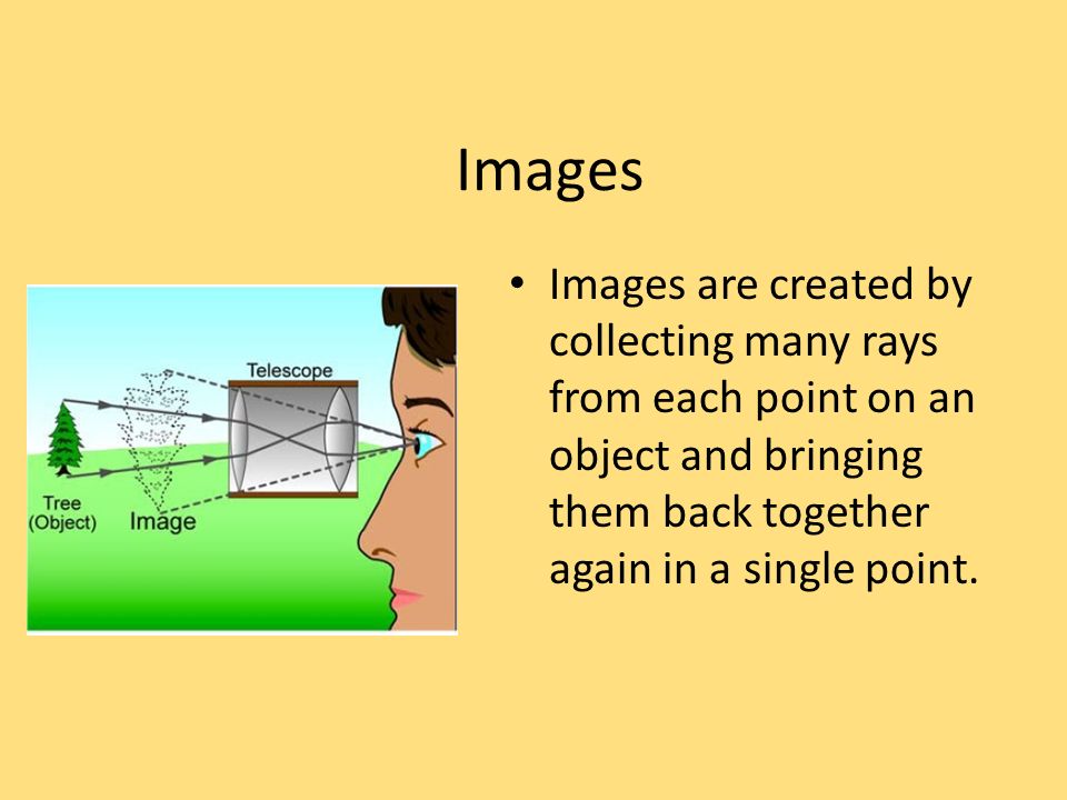 Images Images are created by collecting many rays from each point on an object and bringing them back together again in a single point.