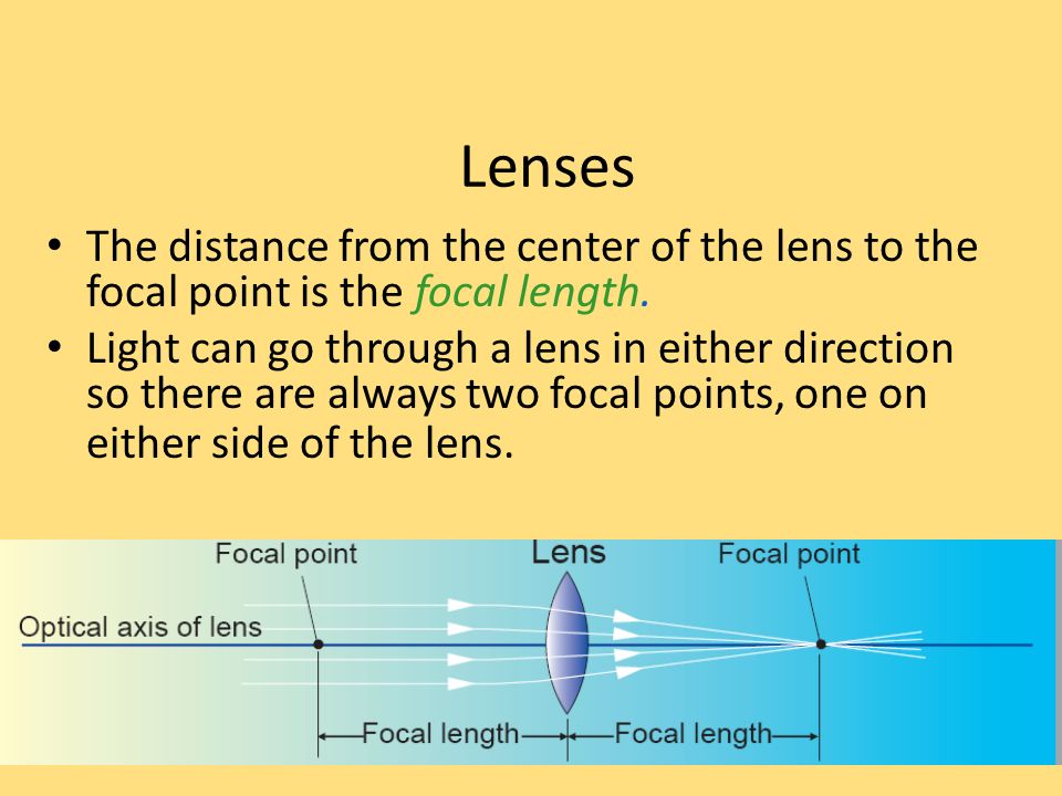 Lenses The distance from the center of the lens to the focal point is the focal length.