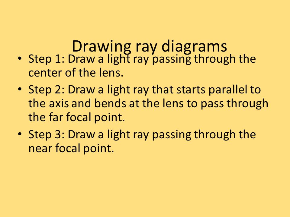 Drawing ray diagrams Step 1: Draw a light ray passing through the center of the lens.