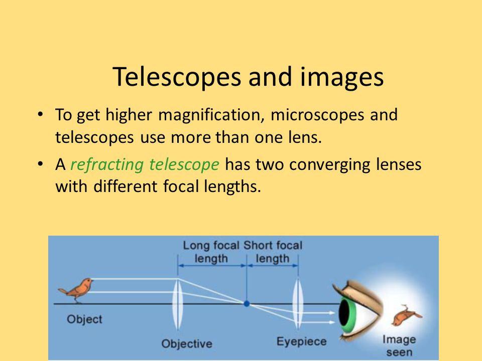 Telescopes and images To get higher magnification, microscopes and telescopes use more than one lens.