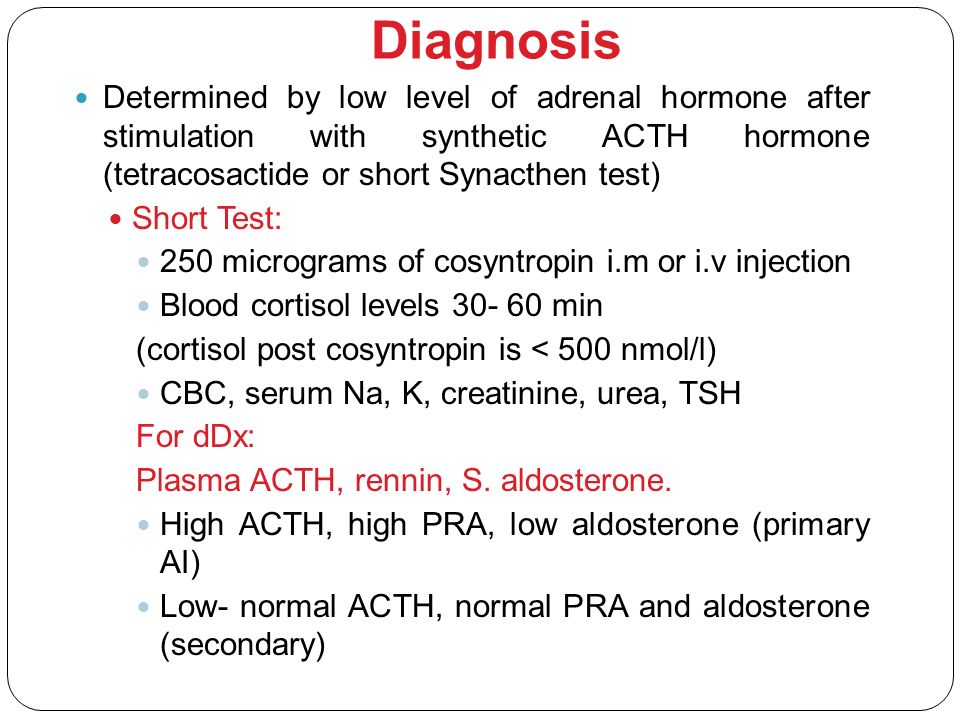 Diagnosis Determined by low level of adrenal hormone after stimulation with synthetic ACTH hormone (tetracosactide or short Synacthen test)