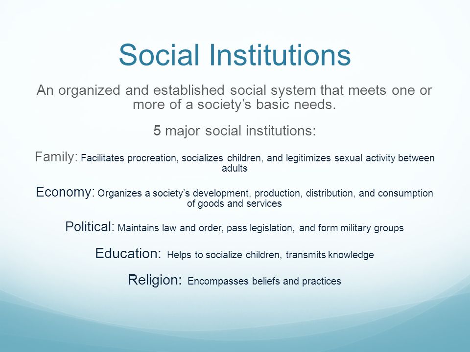 what are the five key social institutions that impact society