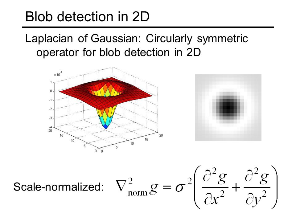 Blob detection in 2D Laplacian of Gaussian: Circularly symmetric operator for blob detection in 2D.