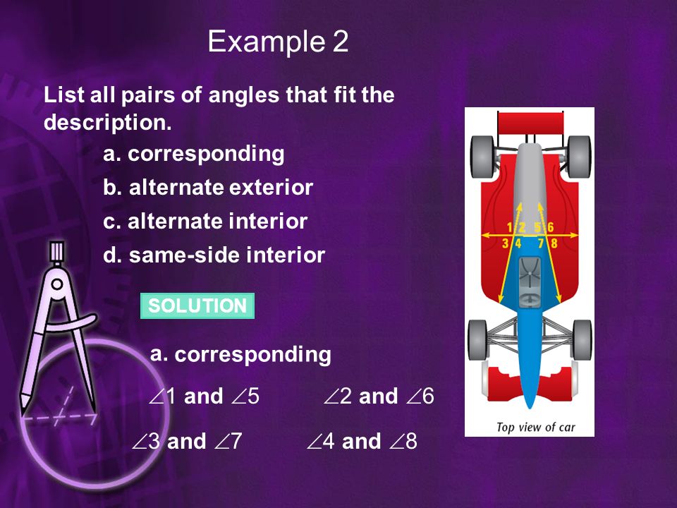 Example 2 List all pairs of angles that fit the description.