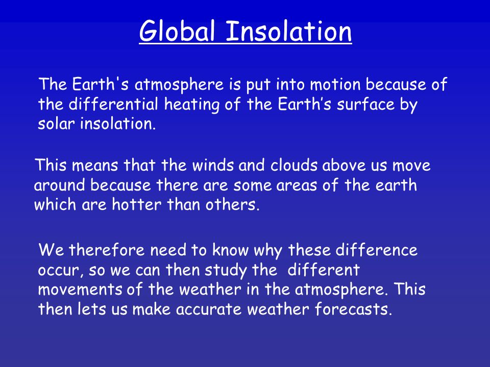 Global Insolation The Earth s atmosphere is put into motion because of the differential heating of the Earth’s surface by solar insolation.
