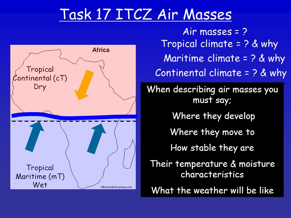 Task 17 ITCZ Air Masses Air masses = Tropical climate = & why