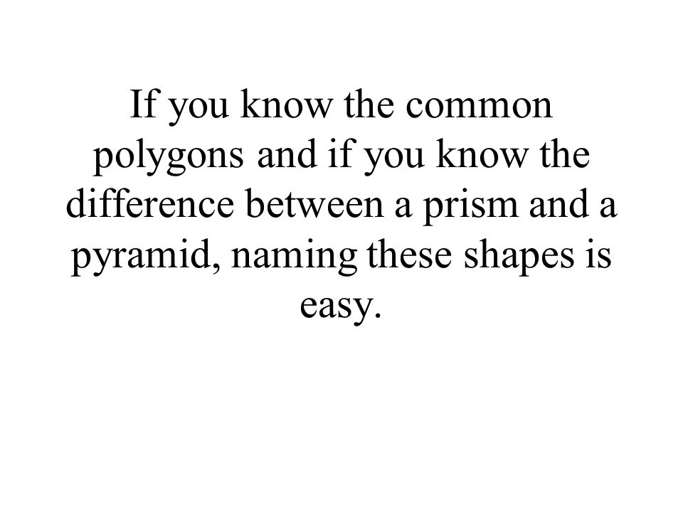 If you know the common polygons and if you know the difference between a prism and a pyramid, naming these shapes is easy.