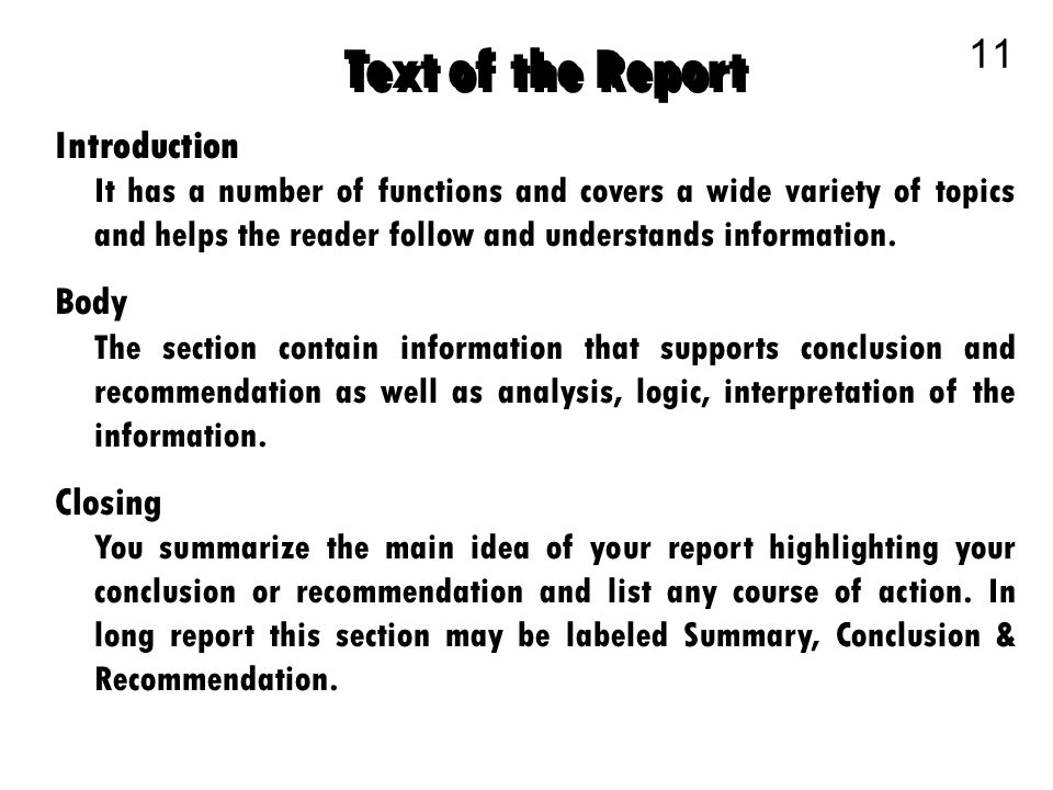 1 Part of a Formal Report There are three basic divisions of a formal report:  1. Prefatory Parts 2. Text Parts 3. Supplementary Parts. - ppt video online  download