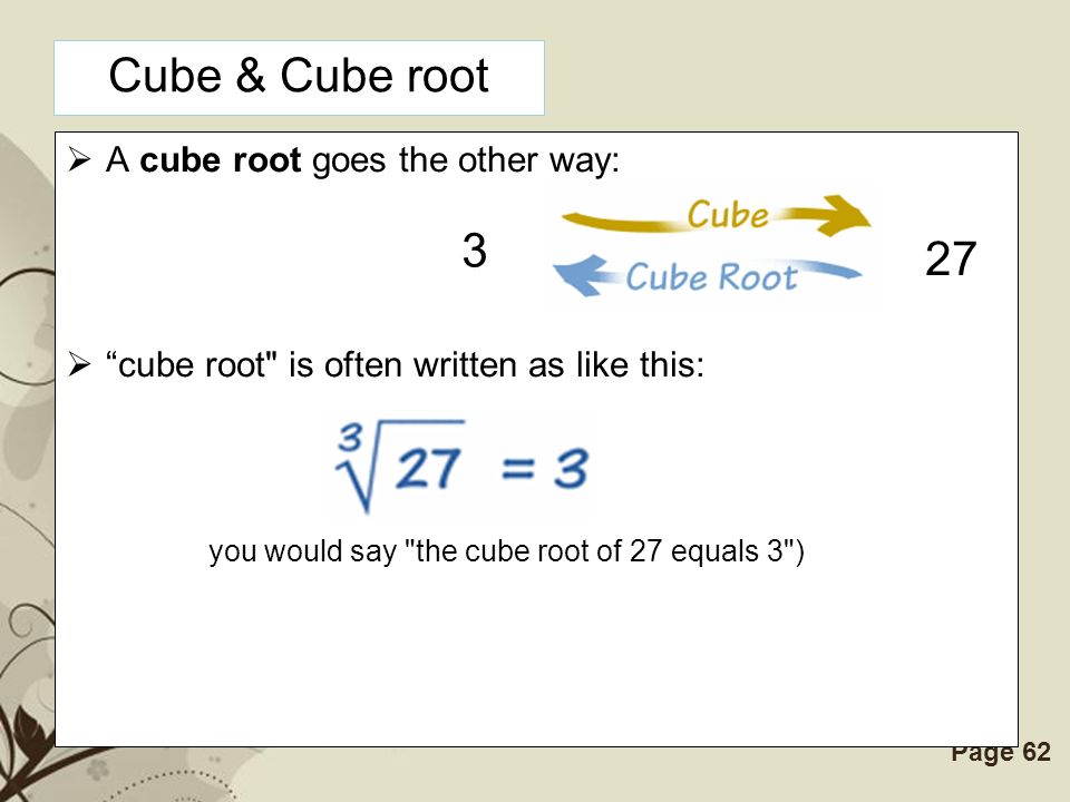 Cube & Cube root 3 27 A cube root goes the other way: