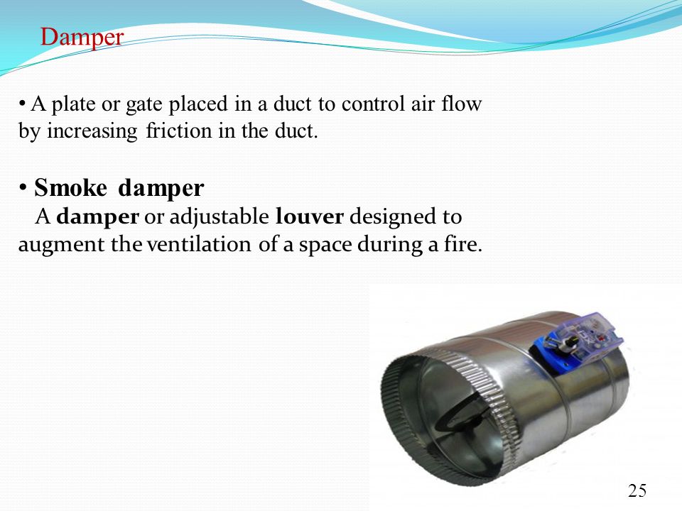 Damper A plate or gate placed in a duct to control air flow by increasing friction in the duct. Smoke damper.