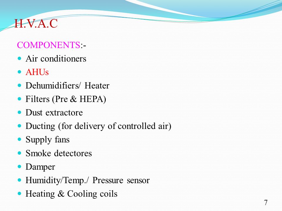 H.V.A.C COMPONENTS:- Air conditioners AHUs Dehumidifiers/ Heater