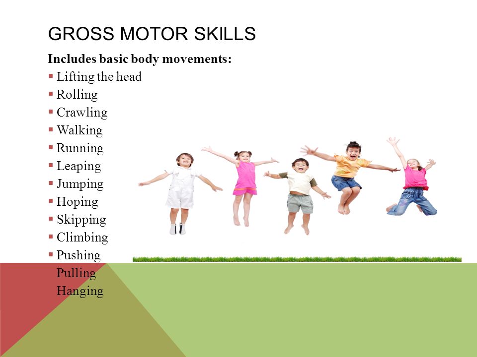 Gross motor skills Includes basic body movements: Lifting the head