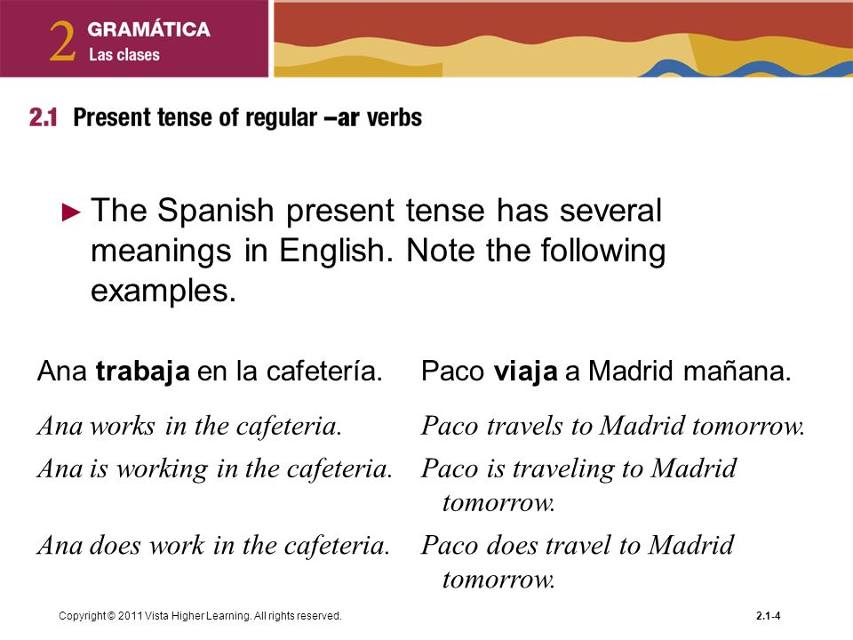 The Spanish present tense has several meanings in English