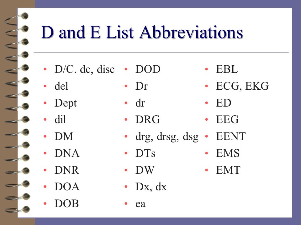 D and E List Abbreviations