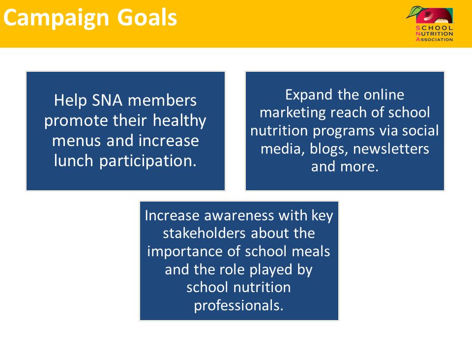Campaign Goals Help SNA members promote their healthy menus and increase lunch participation.