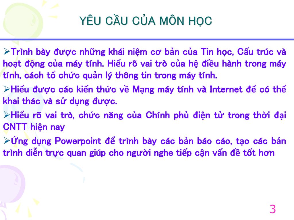 YÊU CẦU CỦA MÔN HỌC