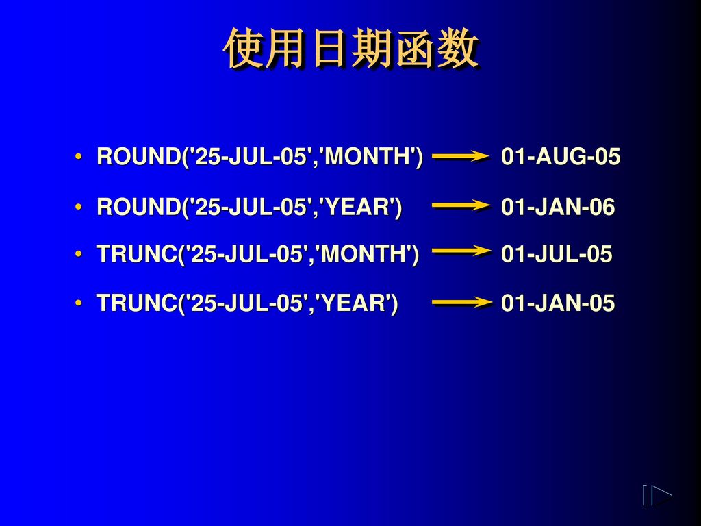 日期函数 函数 描述 MONTHS_BETWEEN 两个日期之间的月数 ADD_MONTHS 为一个日期增加月份 NEXT_DAY