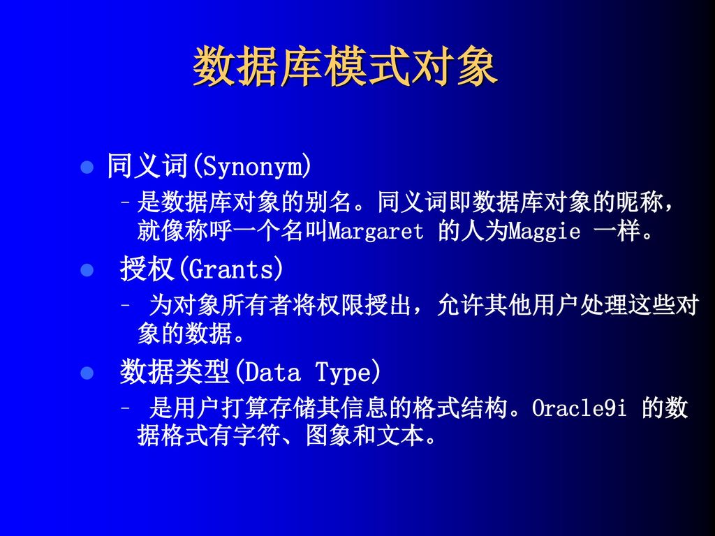 数据库模式对象 同义词(Synonym) 授权(Grants) 数据类型(Data Type)