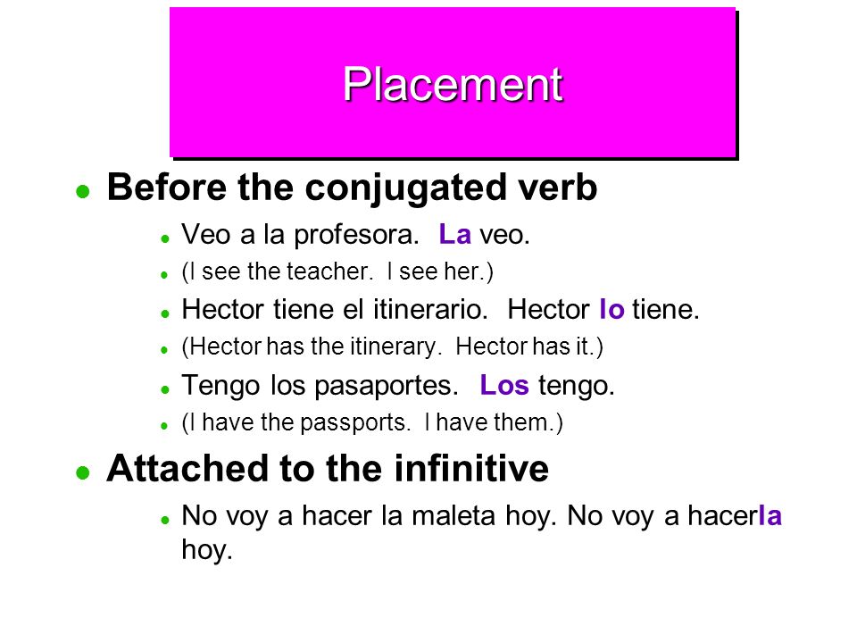 Placement Before the conjugated verb Attached to the infinitive