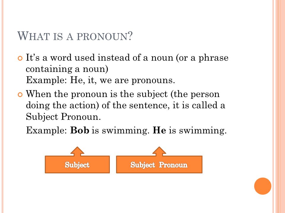 What is a pronoun It’s a word used instead of a noun (or a phrase containing a noun) Example: He, it, we are pronouns.