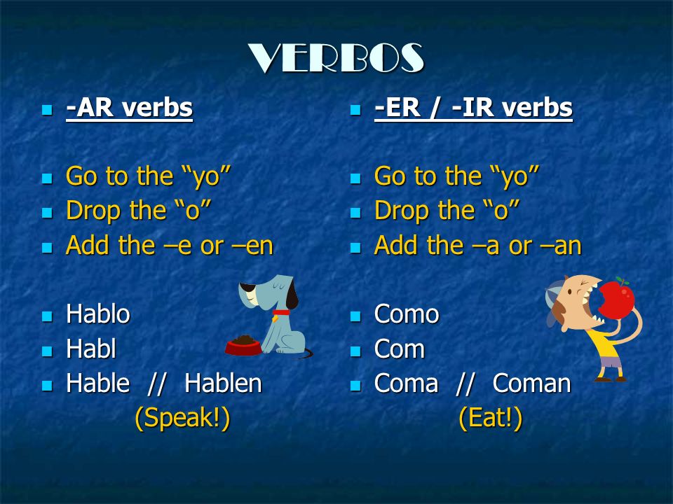 VERBOS -AR verbs Go to the yo Drop the o Add the –e or –en Hablo