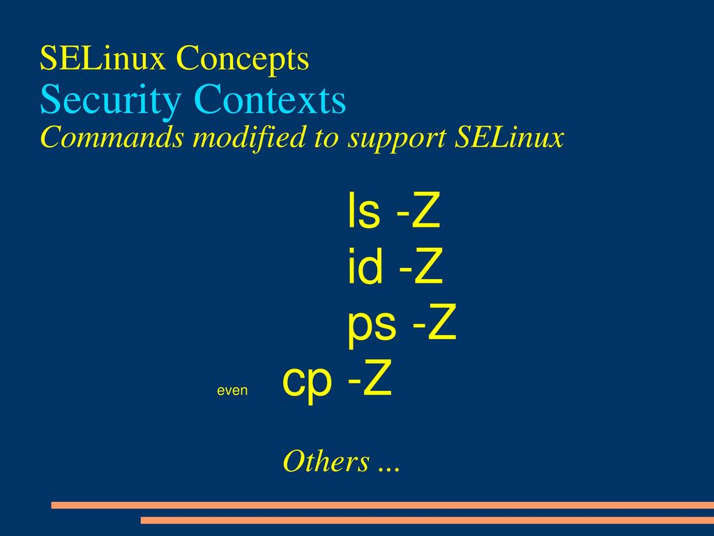 ls -Z id -Z ps -Z Security Contexts SELinux Concepts