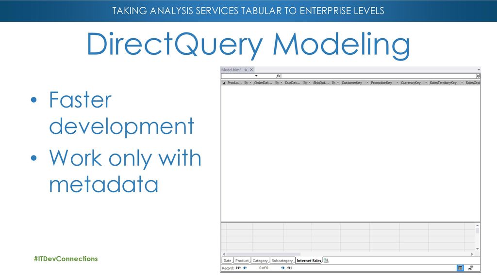 DirectQuery Modeling Faster development Work only with metadata