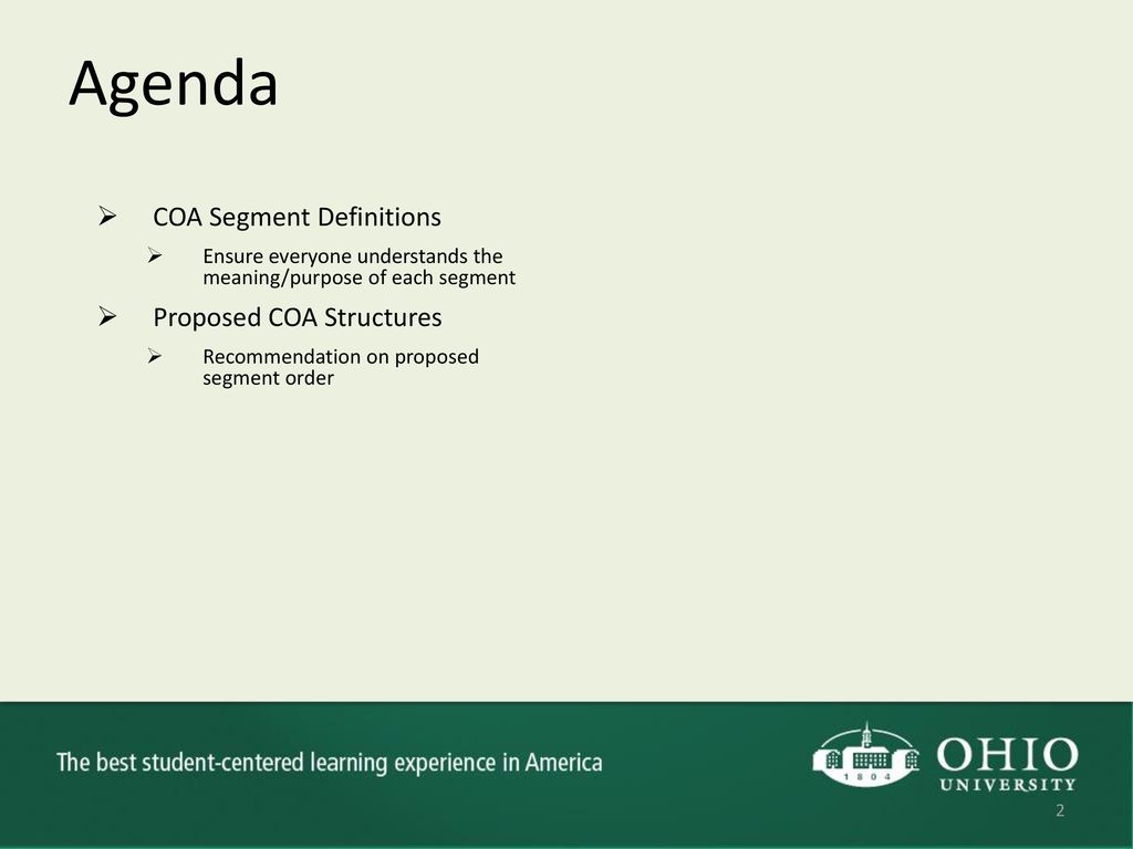 Agenda COA Segment Definitions Proposed COA Structures