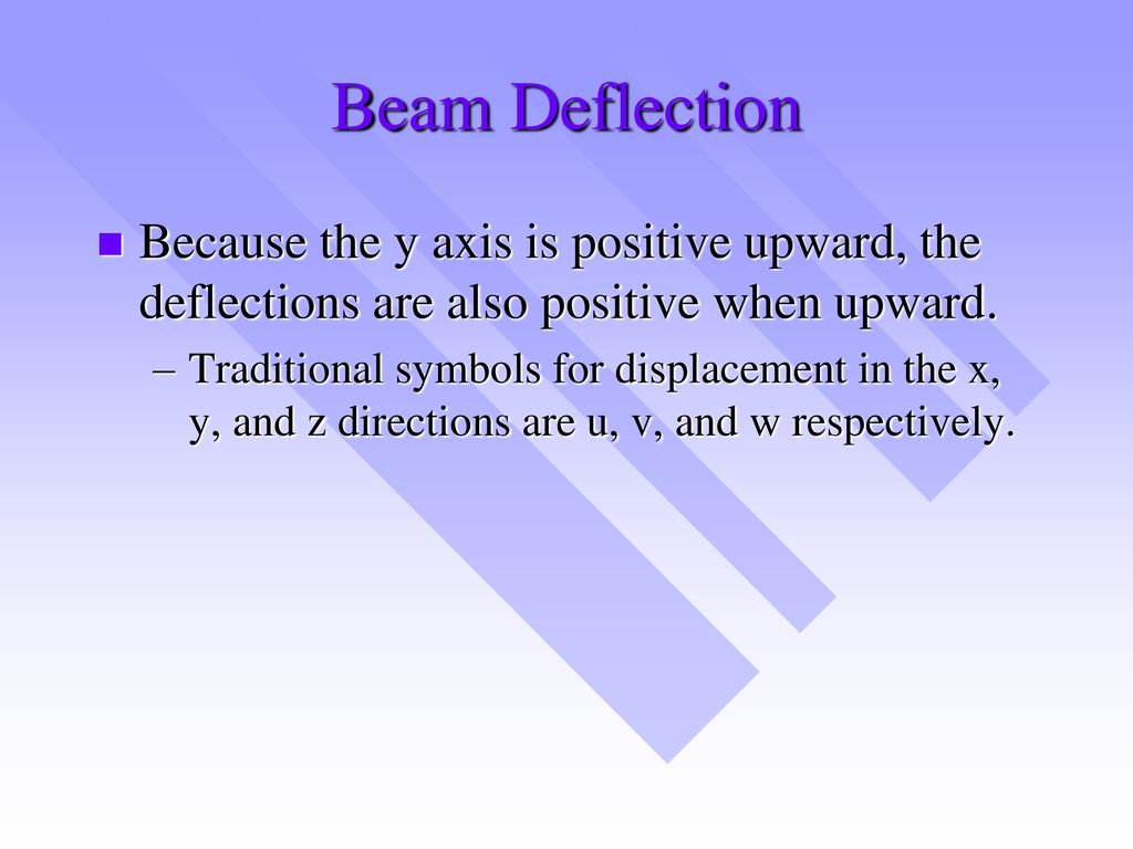 Beam Deflection Because the y axis is positive upward, the deflections are also positive when upward.