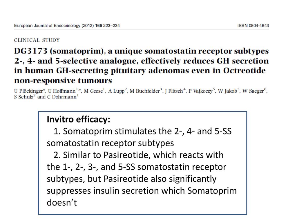 Invitro efficacy: 1. Somatoprim stimulates the 2-, 4- and 5-SS somatostatin receptor subtypes.