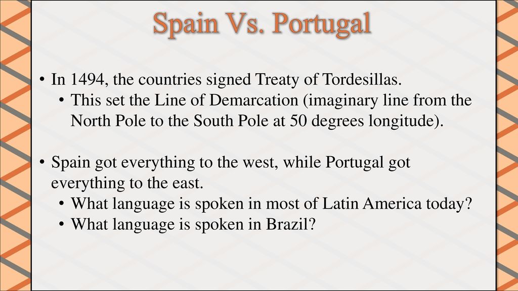 Spain Vs. Portugal In 1494, the countries signed Treaty of Tordesillas.