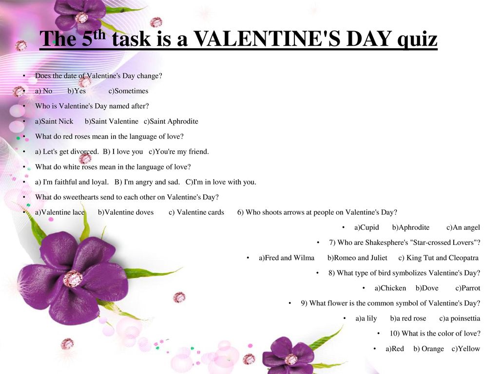 The 5th task is a VALENTINE S DAY quiz.
