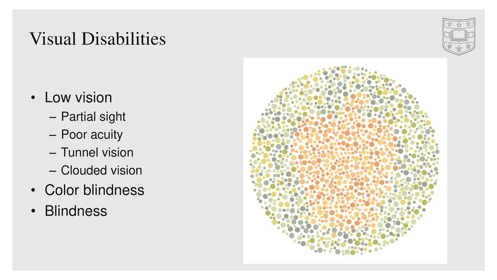 Visual Disabilities Low vision Color blindness Blindness Partial sight