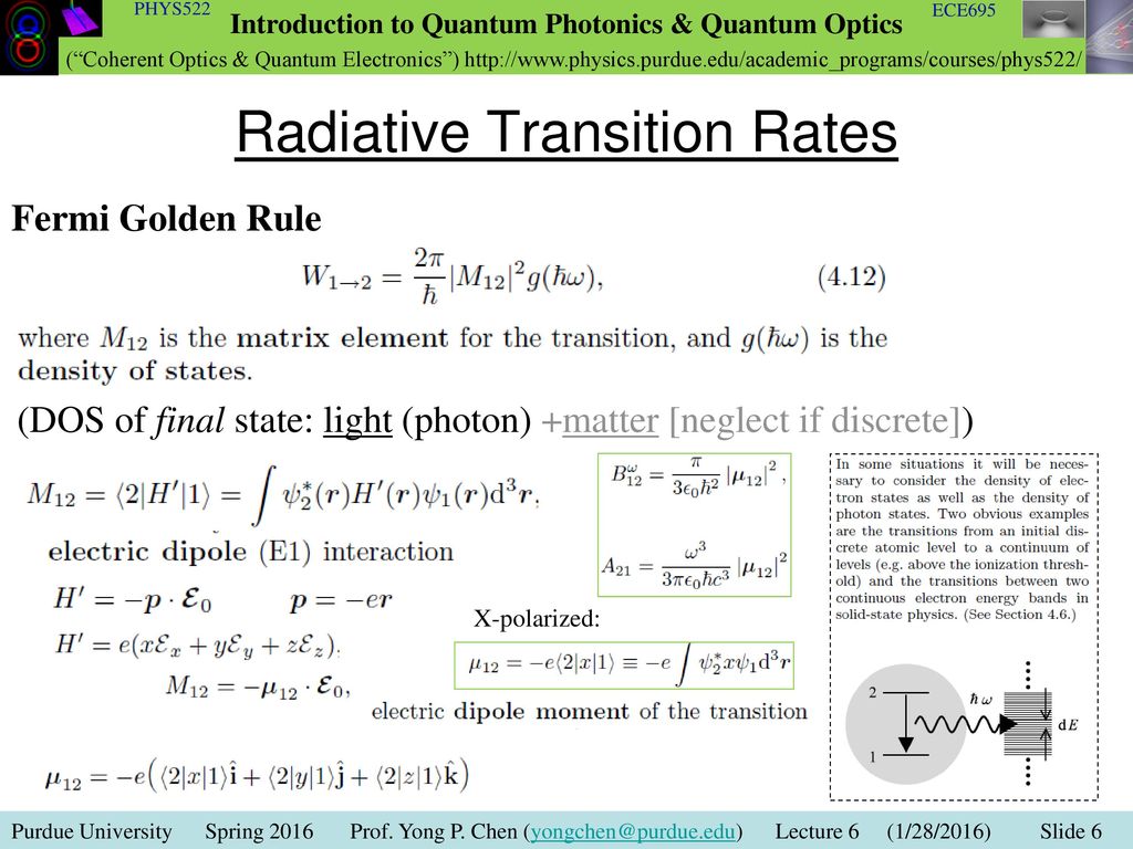 Lecture 6 Radiative Transition in Atoms, Molecules &  Insulators/Semiconductors Read: FQ 4, FS ppt download