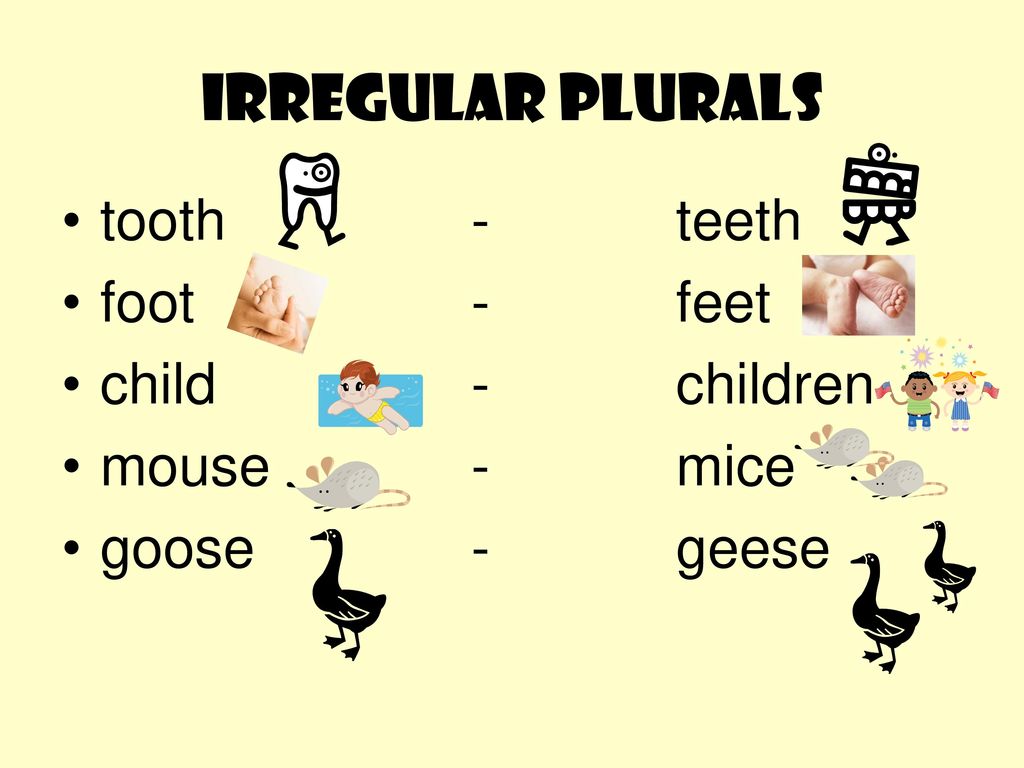 Множественные слова ребенок. Irregular plurals в английском языке. Foot множественное число в английском языке. Tooth множественное число в английском языке. Mouse Mice Goose Geese.