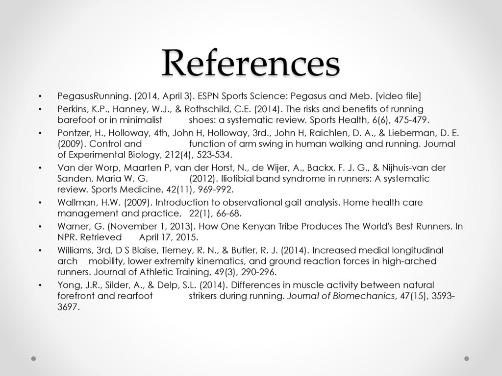 References PegasusRunning. (2014, April 3). ESPN Sports Science: Pegasus and Meb. [video file]