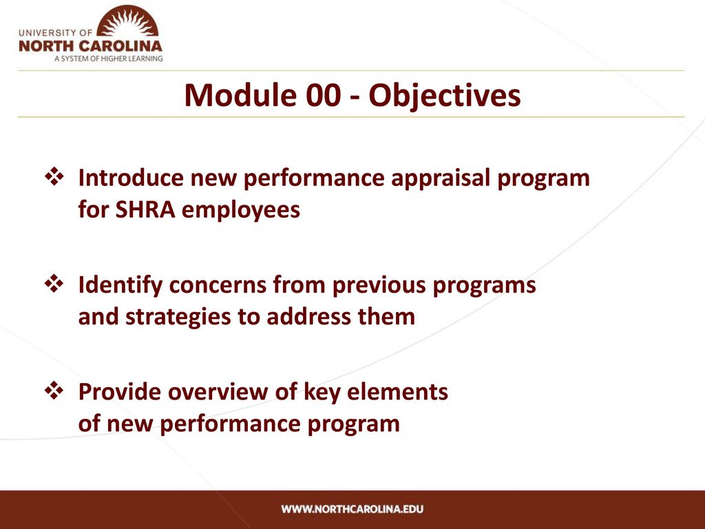 Module 00 - Objectives Introduce new performance appraisal program for SHRA employees.