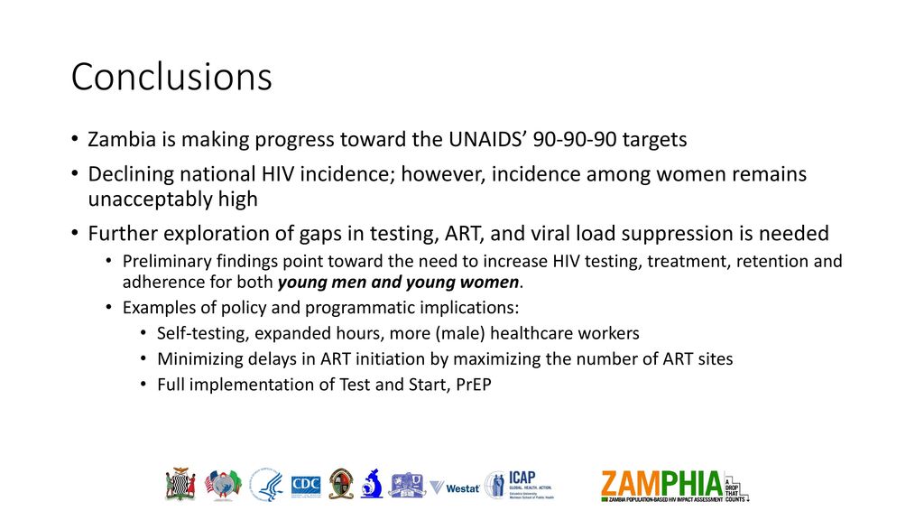 Conclusions Zambia is making progress toward the UNAIDS’ targets.