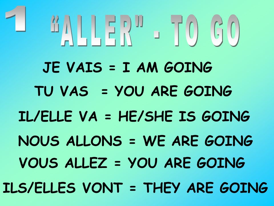 1 ALLER - TO GO. JE VAIS = I AM GOING. TU VAS = YOU ARE GOING. IL/ELLE VA = HE/SHE IS GOING. NOUS ALLONS = WE ARE GOING.