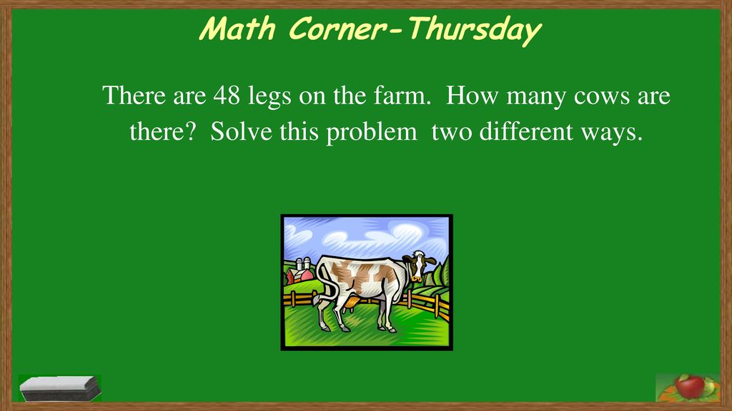Math Corner-Thursday There are 48 legs on the farm.