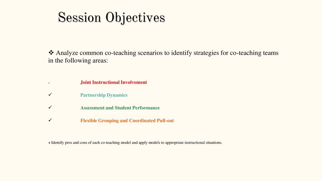 Session Objectives Analyze common co-teaching scenarios to identify strategies for co-teaching teams in the following areas: