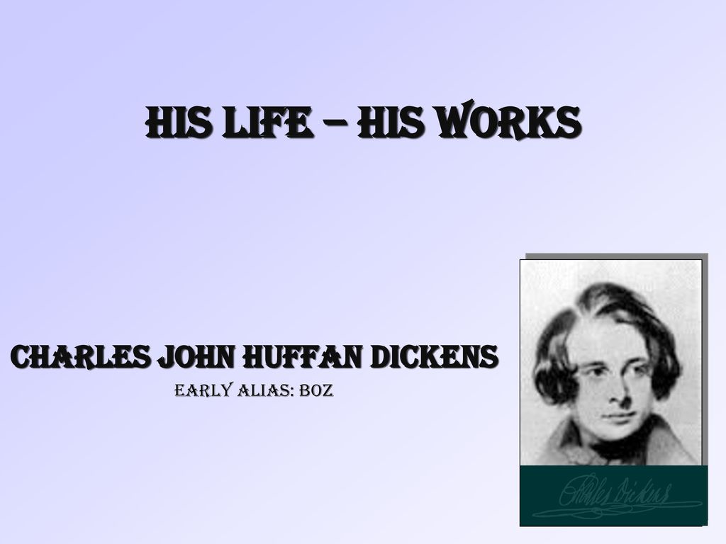 Charles John Huffan Dickens early alias: Boz