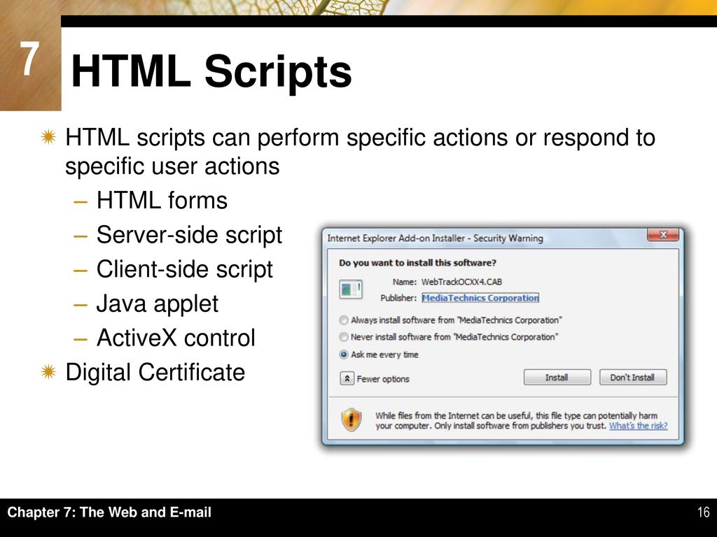 HTML Scripts HTML scripts can perform specific actions or respond to specific user actions. HTML forms.