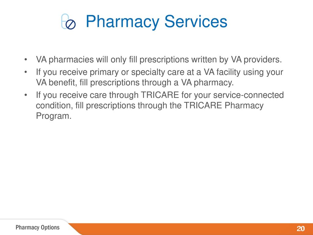 Pharmacy Services VA pharmacies will only fill prescriptions written by VA providers.