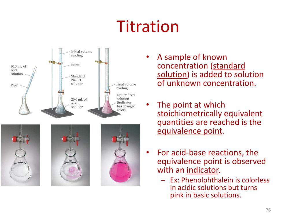 Titration A sample of known concentration (standard solution) is added to s...