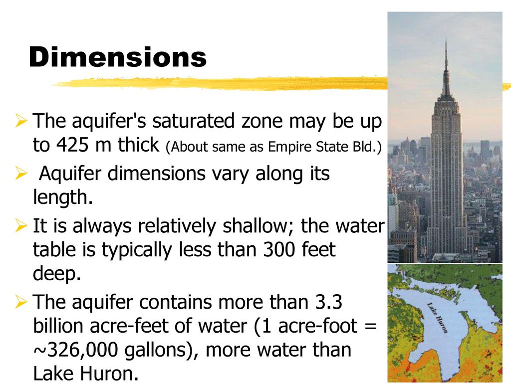 Dimensions The aquifer s saturated zone may be up to 425 m thick (About same as Empire State Bld.) Aquifer dimensions vary along its length.