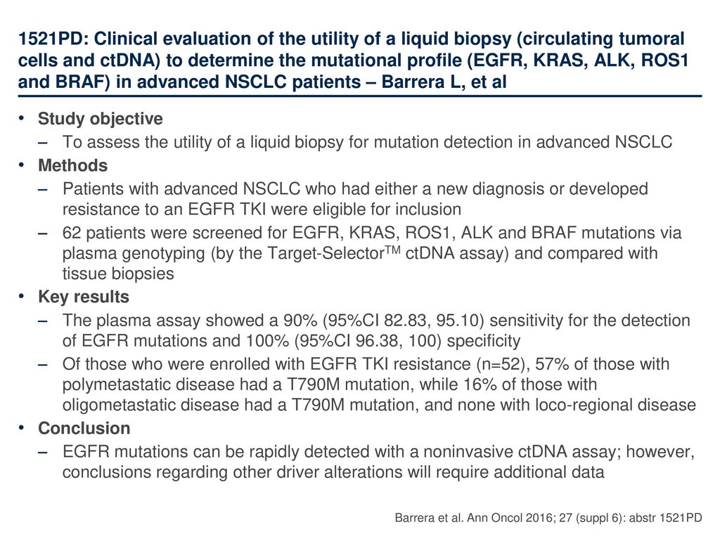 1521PD: Clinical evaluation of the utility of a liquid biopsy (circulating tumoral cells and ctDNA) to determine the mutational profile (EGFR, KRAS, ALK, ROS1 and BRAF) in advanced NSCLC patients – Barrera L, et al