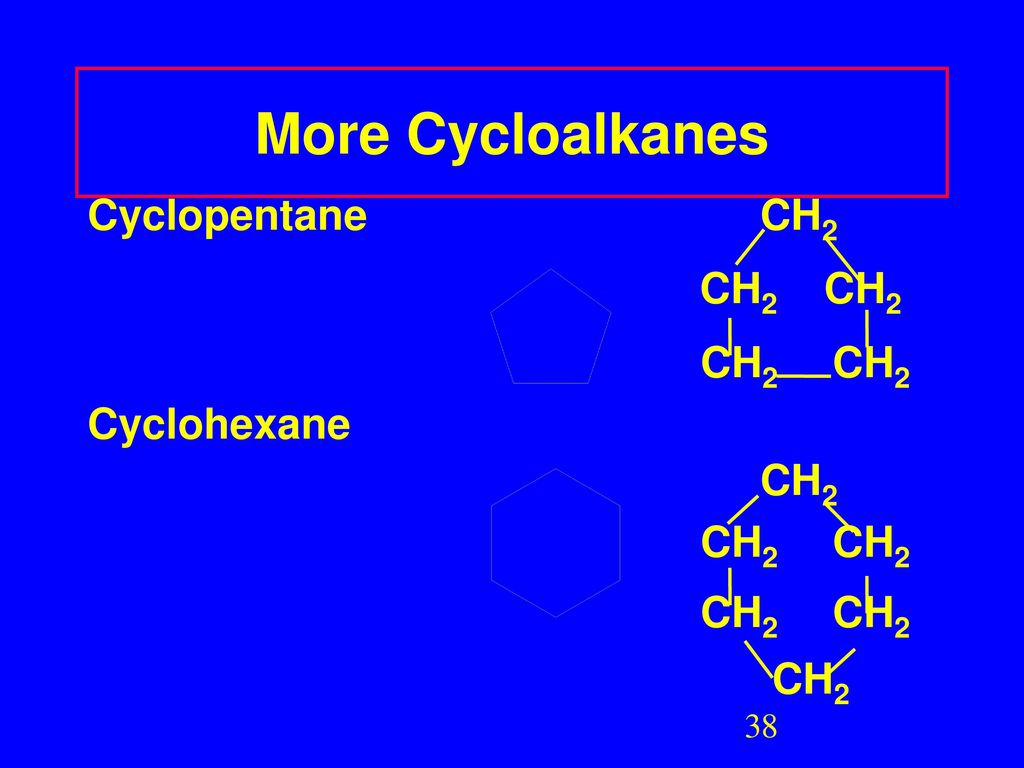 More Cycloalkanes Cyclopentane CH2 CH2 CH2 CH2 CH2 Cyclohexane CH2