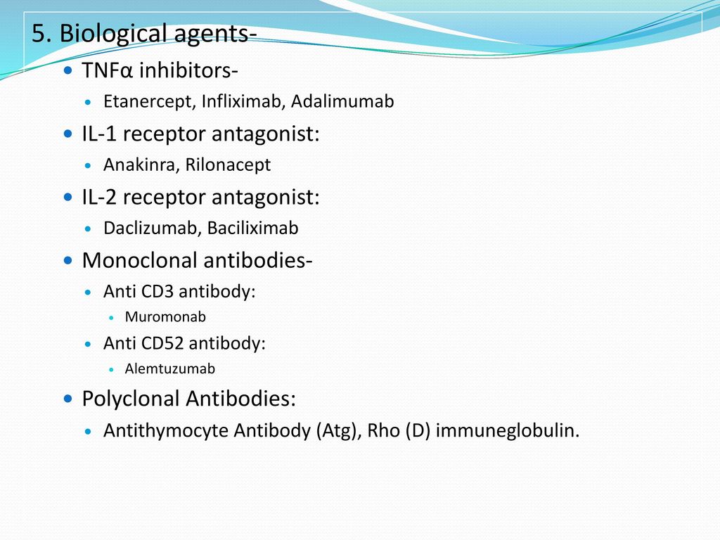 5. Biological agents- TNFα inhibitors- IL-1 receptor antagonist: