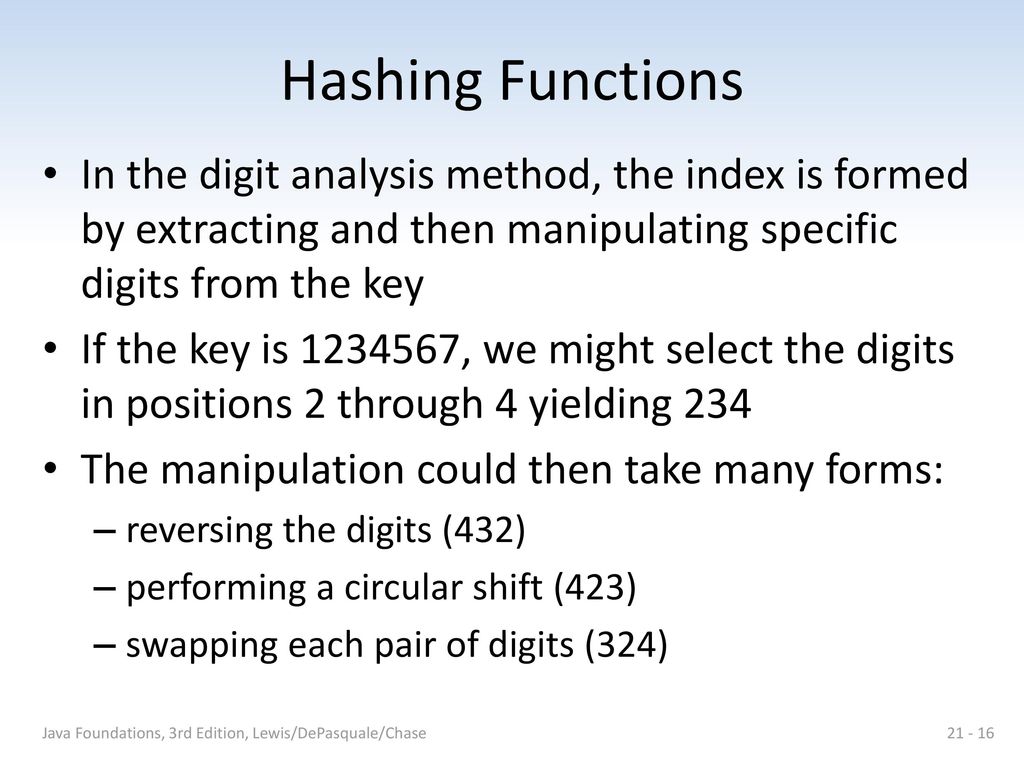 Hashing Functions In the digit analysis method, the index is formed by extracting and then manipulating specific digits from the key.